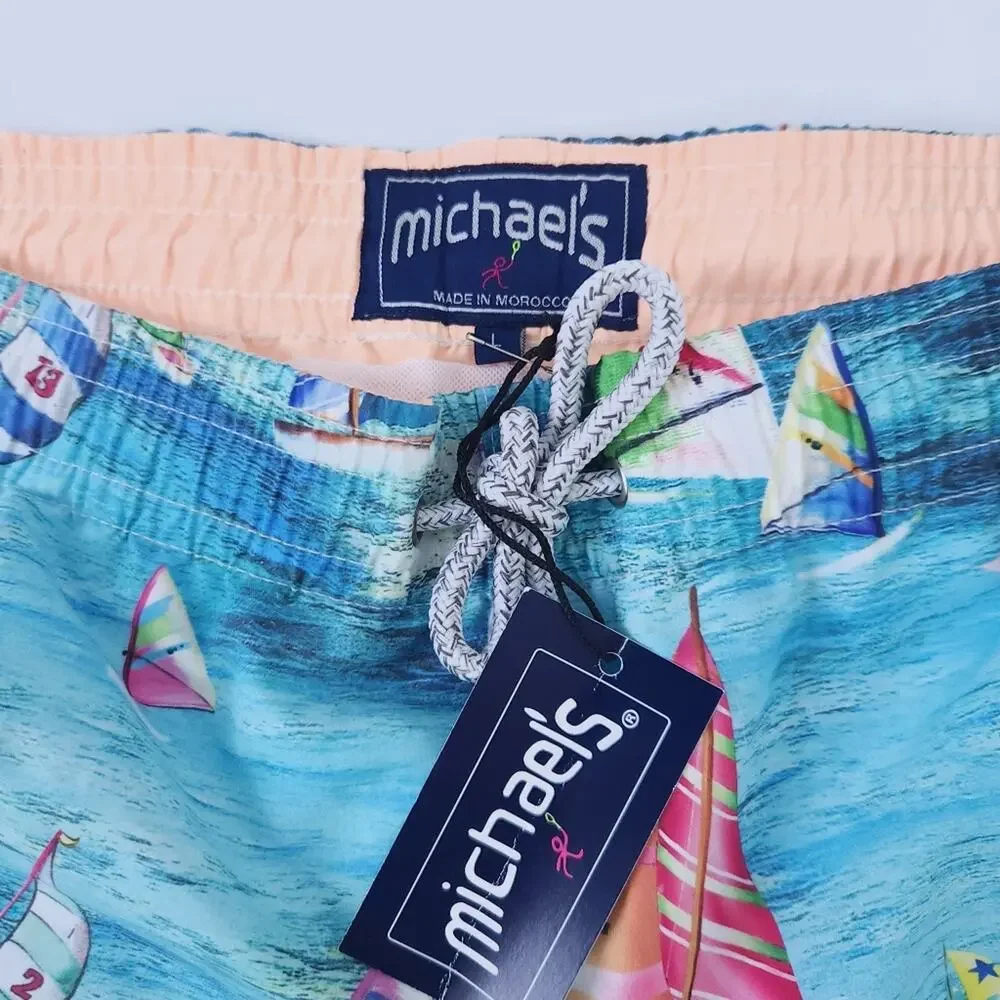 New Michael's Swim Trunks Large, Sailboat Sailing Print Blue, Lined Swim Trunks